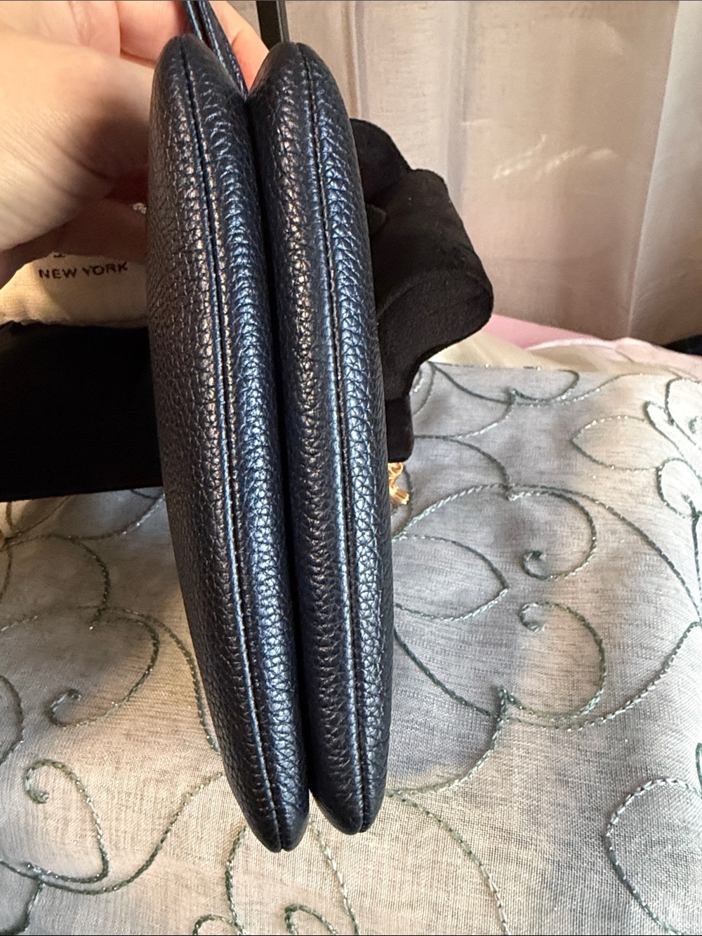 Coach Double Zip Navy Metallic Pebbled Leather Wristlet - Picture 5 of 12